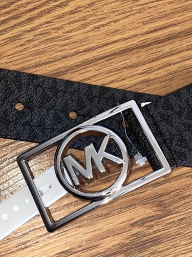 MICHAEL KORS BELT BLACK MK MINI LOGO SILVER MK RECTANGULAR CIRCLE BUCKLE RARE!!