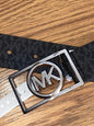 MICHAEL KORS BELT BLACK MK MINI LOGO SILVER MK RECTANGULAR CIRCLE BUCKLE RARE!!