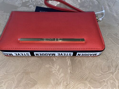 STEVE MADDEN WALLET WRISTLET RED WRAP AROUND LOGO SMOOTH TEXTURED