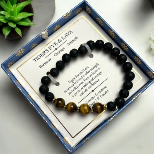 SHIVAM GENUINE TIGERS EYE & LAVA  BRACELET~HARMONY, COURAGE, STRENGTH~UNIQUE!