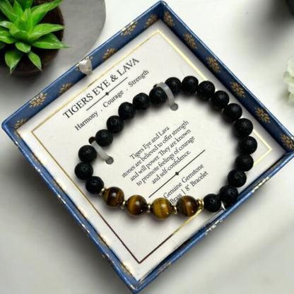 SHIVAM GENUINE TIGERS EYE & LAVA  BRACELET~HARMONY, COURAGE, STRENGTH~UNIQUE!