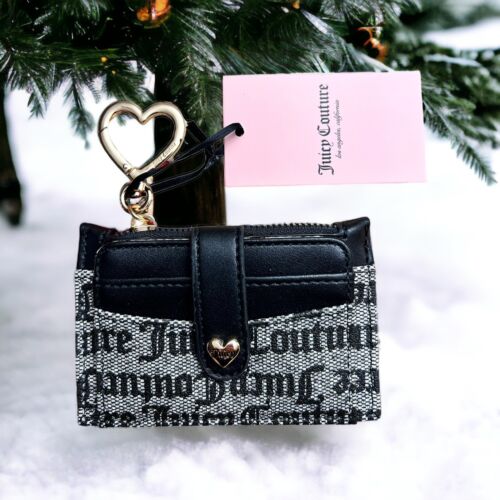 Juicy Couture Pile on Tab Elongated Card Case Bifold~Black Beige~Key Heart Ring