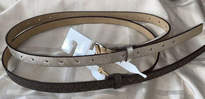 MICHAEL KORS BELT SET CHOCOLATE/METALIC GOLD "SKINNY" MK LOGO GOLD BUCKLES