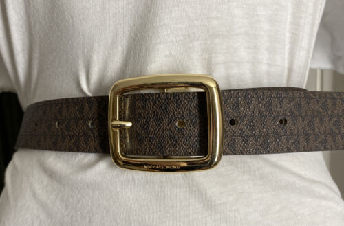 MICHAEL KORS BELT REVERSIBLE CHOCOLATE/VANILLA MK LOGO PRINT GOLD OVAL BUCKLE