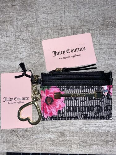 JUICY COUTURE PETAL STAT BLACK WORD ON THE STREET CARD CASE KEY~RING WALLET~WOW