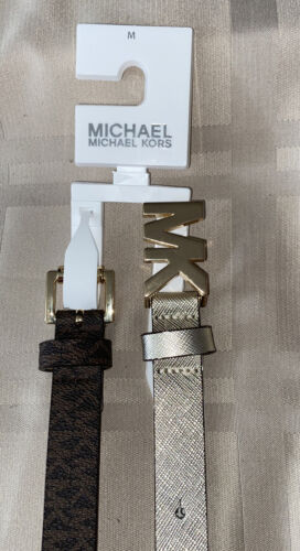 MICHAEL KORS BELT SET CHOCOLATE/METALIC GOLD "SKINNY" MK LOGO GOLD BUCKLES