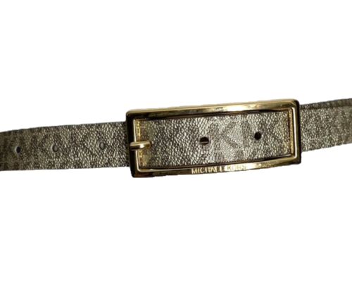Michael Kors belt glittery gold printed MK logo gold rectangle buckle "Skinny" M
