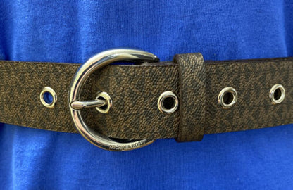 MICHAEL KORS BELT BROWN MK LOGO SILVER HALF ROUND BUCKLE REALLY NICE!!!