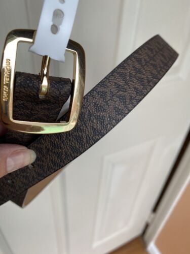 Michael Kors Belt Brown Mini Printed MK Logo Gold Buckle (Skinny) Size Medium
