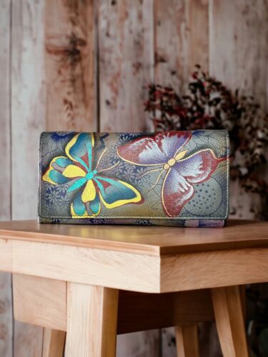 Anna by Anuschka Womens Tri-fold Clutch Wallet - Genuine Leather Hand Painted