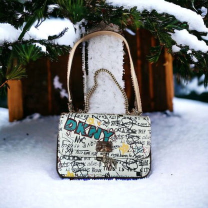 DKNY Women’s CLEO FLAP BAG  XBODY PURSE Multicolor~ GRAFFITI DESIGN~UNIQUE