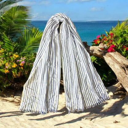 Caterina de Medici Italy 100% Cotton Scarf Shawl Blue/White~Two Side Fringe~NICE