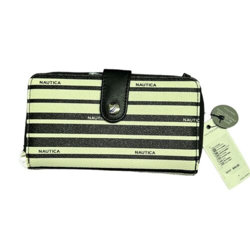 Nautica Wallet Clutch RFID Protection-Black&White Stripes~Bifold Logo-Zip Around