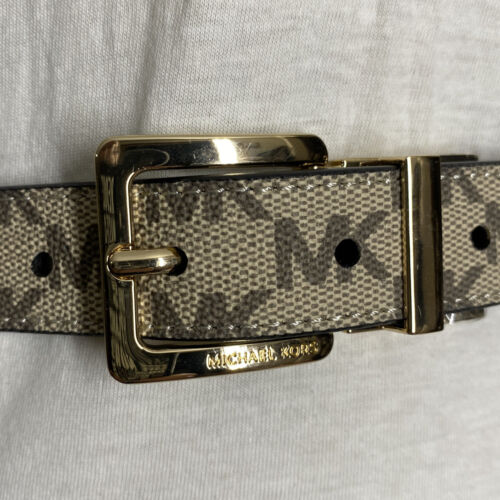 MICHAEL KORS BELT REVERSIBLE BEIGE MK LOGO/ BLACK GOLD BUCKLE