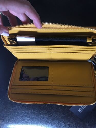 STEVE MADDEN WALLET WRISTLET MUSTARD WITH STAMPED LOGO "VERY DIFFERENT" "LOOK"