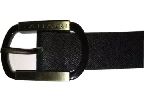 TAHARI BELT UNISEX BLACK TEXTURED FAUX LEATHER LOGO BUCKLE MSRP $40