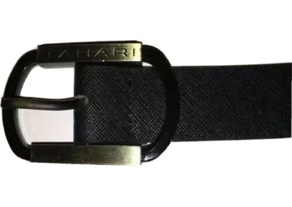 TAHARI BELT UNISEX BLACK TEXTURED FAUX LEATHER LOGO BUCKLE MSRP $40