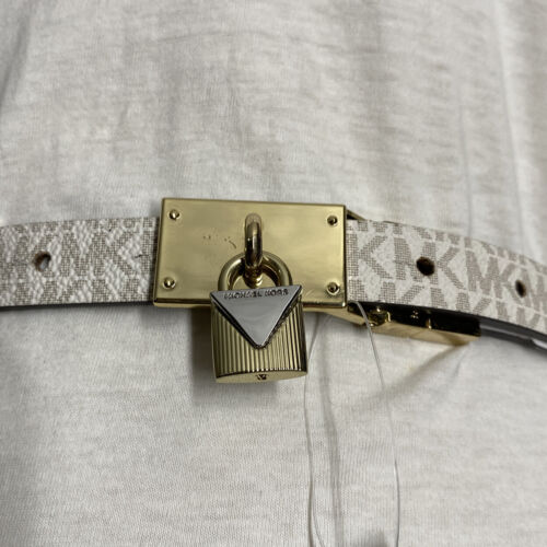 MICHAEL KOR BELT REVERSIBLE LUGGAGE/VANILLA MK LOGO GOLD PADLOCK BUCKLE SKINNY