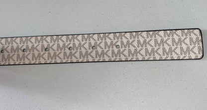 MICHAEL KORS BELT REVERSIBLE VANILLA/BLACK MK LOGO GOLD RECTANGULAR BUCKLE