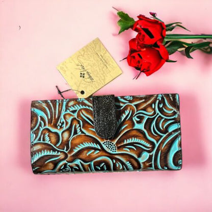 Patricia Nash~Nazari Leather Turquoise & Brown ~ Bi-fold Wallet P419133 ~ UNIQUE