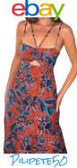 JASON WU Copper Turquoise Blue Floral Print Smocked Cut-Out Linen Midi Dress~ L