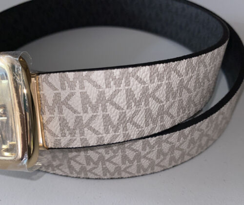 MICHAEL KORS BELT REVERSIBLE VANILLA/BLACK MK LOGO GOLD RECTANGULAR BUCKLE