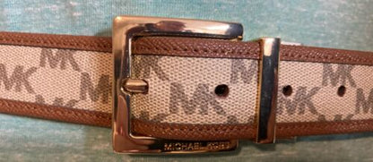 MICHAEL KORS BELT REVERSIBLE CREAM LUGGAGE LEATHER MK LOGO GOLD BUCKLE