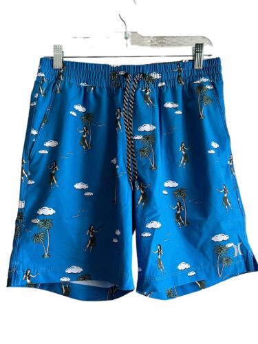 Hurley Swim Trunks Mens Size Small Hula Girl Hawaiian Dancer~Blue Multicolor~NEW