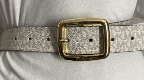 MICHAEL KORS BELT REVERSIBLE CHOCOLATE/VANILLA MK LOGO PRINT GOLD OVAL BUCKLE