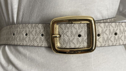 MICHAEL KORS BELT REVERSIBLE CHOCOLATE/VANILLA MK LOGO PRINT GOLD OVAL BUCKLE