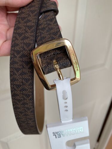 Michael Kors Belt Brown Mini Printed MK Logo Gold Buckle (Skinny) Size LARGE