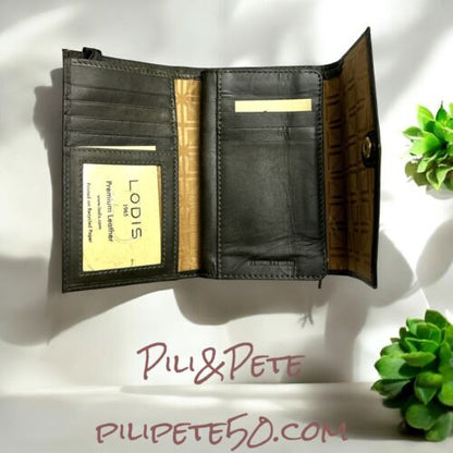 LODIS Mónica Large Flap Trifold Wallet~ Glaze Leather Genuine~ Dark Green~UNIQUE