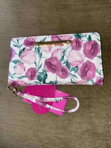Betsey Johnson Zip Around Wristlet Wallet ROSEBUD PINK- WHITE Background NEW