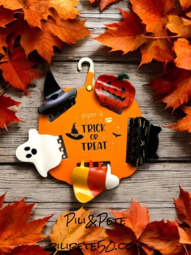 Piper K Set of 5 Mid-Size Halloween Hair Claw Clips Ghost Pumpkin Hat Cat TRICK