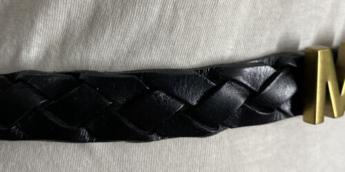 MICHAEL KORS BELT BLACK LEATHER WEAVE SUPER RARE MK LOGO BUCKLE SKINNY