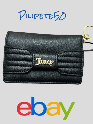 Juicy Couture Black Pretty Bow Faux Leather Flap Card Case Wallet NWT