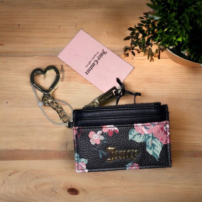 JUICY COUTURE  VINTAGE ROSE BLACK ZIPPERED UP MULTI CARD-CASE KEY RING WALLET