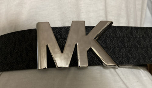MICHAEL KORS BELT REVERSIBLE BLACK PRINTED MINI LOGO TO BLACK MK SILVER BUCKLE