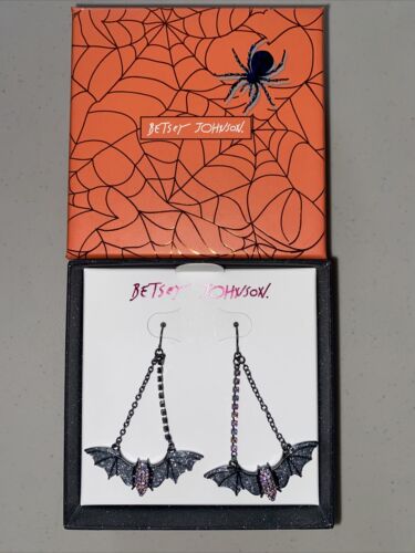 Betsey Johnson Dangling Bat Earrings - Silver Crystals and Rhinestones NIB