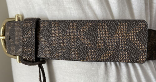 MICHAEL KORS BELT CHOCOLATE MK LOGO MK NAME PLATE WITH MK CHARM GOLD BUCKLE WOW!