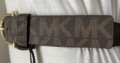 MICHAEL KORS BELT CHOCOLATE MK LOGO MK NAME PLATE WITH MK CHARM GOLD BUCKLE WOW!