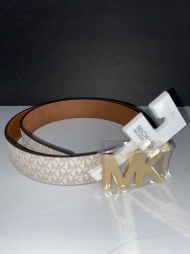 MICHAEL KORS BELT VANILLA/LUGGAGE XL PRINTED MK LOGO WITH GOLD MK LOGO BUCKLE