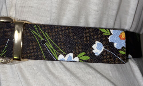 MICHAEL KORS BELT REVERSIBLE BROWN MK LOGO WITH FLOWER PRINT GOLD BUCKLE STYLE!