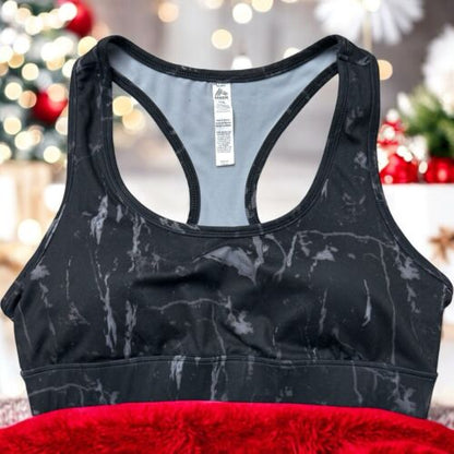 RBX  WOMEN’S SPORTS BRA RACERBACK BLACK & GRAY CAMO, REMOVABLE PADS~PULLOVER~NEW