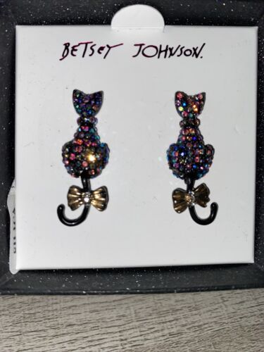 Betsey Johnson Swinging Black Cat Pave Frontal Earrings W Iridescent Rhinestones