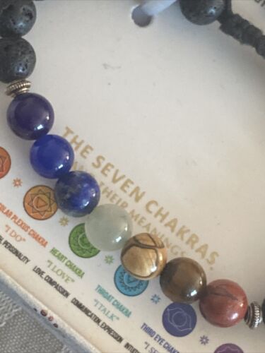 SHIVAM .925 STERLING SILVER SEVEN CHAKRAS LAVA  ￼GENUINE GEMSTONE BRACELET NIB