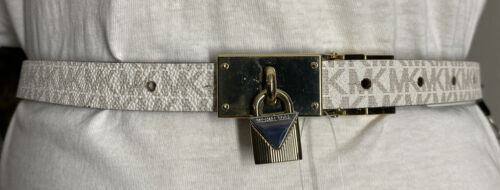 MICHAEL KOR BELT REVERSIBLE LUGGAGE/VANILLA MK LOGO GOLD PADLOCK BUCKLE SKINNY