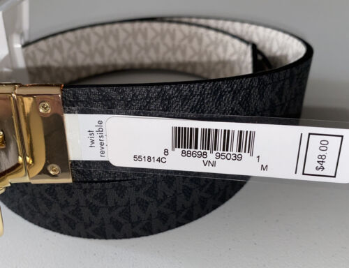 MICHAEL KORS BELT REVERSIBLE VANILLA/BLACK MK LOGO GOLD RECTANGULAR BUCKLE