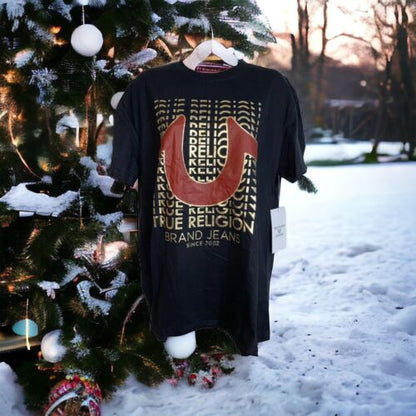 True Religion Gold Script Horseshoe Logo Black Loungewear Tee Shirt Large