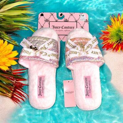 Juicy Couture Pink Faux Fur Slippers~JC-Hasen 3~Size M~Pink/Gold Logo~W105461W